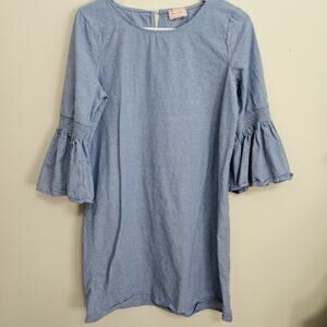 Love...Ady Smocked Bell Sleeve Blue Cotton Shift Dress Size M Made In USA